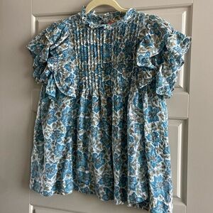 Oliphant teal and gold ruffle sleeve top, gently used